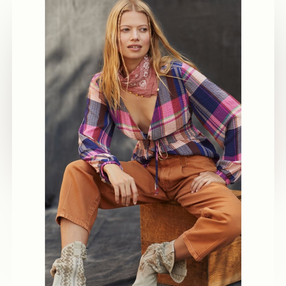 Anthro Pilcro Plaid Deep-V Blouse